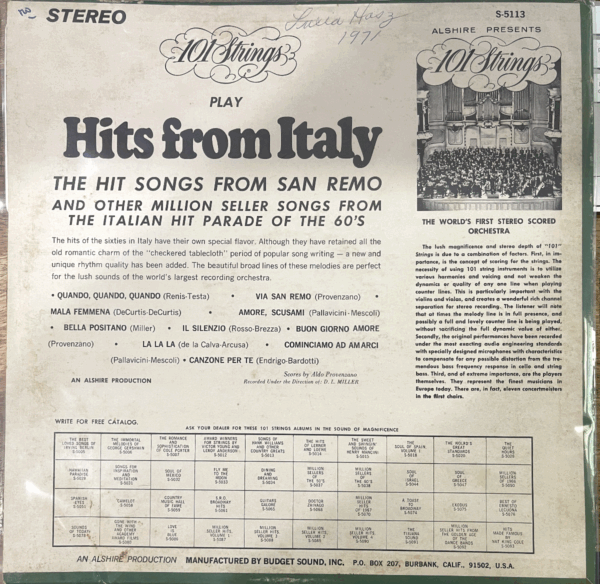 101 Strings‎ Million Seller Hits From Italy Alshire S-5113 12" Vinyl LP Record - Image 2